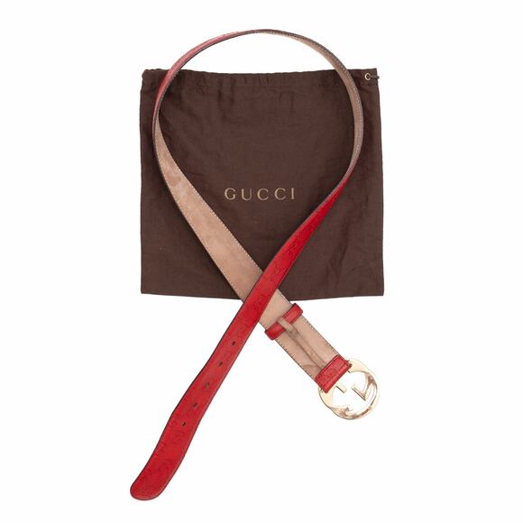 GUCCI Red Leather Signature Monogram Interlocking GG Gold Buckle Belt 100•40 main image 13
